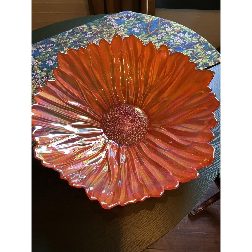 Akcam Sunflower Turkish Orange Iridescent Art Glass‎ Decorative Bowl 15"